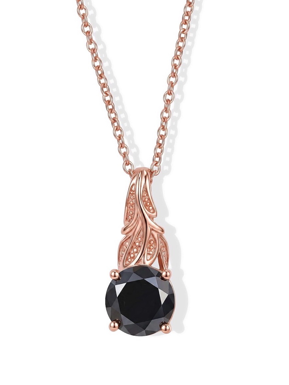 Leaf Pendant Necklace with 3.2 ctw Black Thai Spinel-18k ION rose gold plated